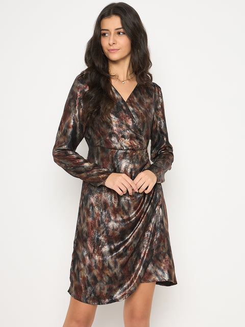 Madame Front Pleated Metallic Rust Floral Print Wrap Dress