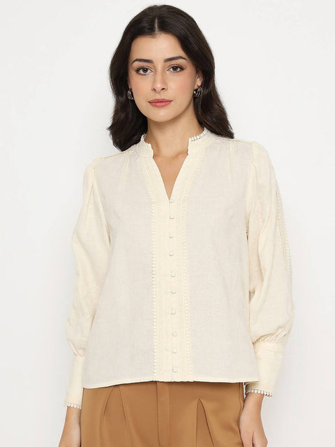 Madame Gathered Shoulders Off White Cotton Top