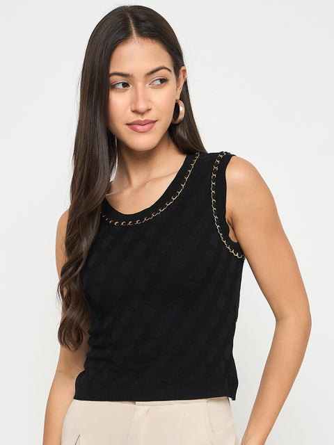 Madame Chain Accented Sleeveless Black Knitted Top