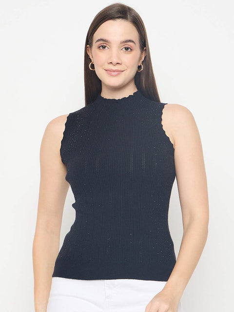 Madame Metallic Fabric Black Sleeveless Sweater