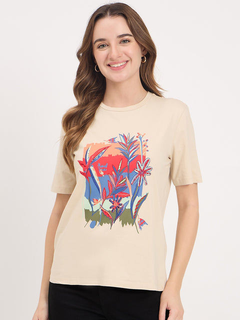 Madame Beige Graphic Print Cotton T-Shirt