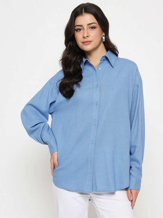 Madame Linen Blend Solid Cobalt Blue Shirt