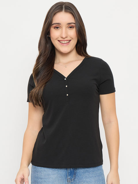 Madame Black V-Neck T-Shirt with Button Placket