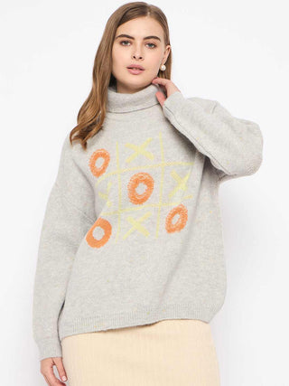 Madame Graphic Printed Turtleneck Grey Sweater