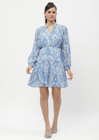 Madame Tiered Lace Detailed Blue Mini Dress