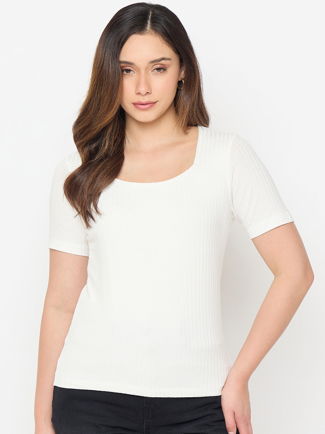 Madame White Rayon Blend Solid T-shirt color swatch