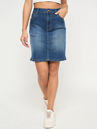 Madame Stone Wash Mid Blue Cotton Blend Mini Denim Skirt