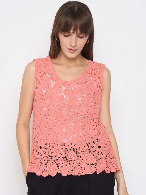 Madame Crochet Sleeveless Solid Coral Top
