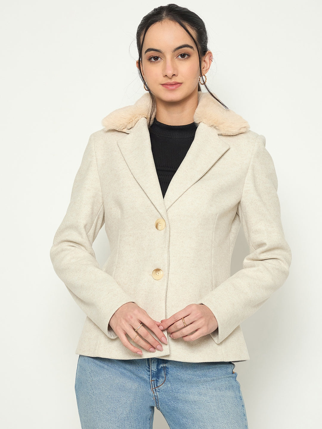 Madame Faux Fur Lapel Notch Collar Beige Blazer color swatch