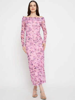 Madame Floral Print Off Shoulder Pink Maxi Dress