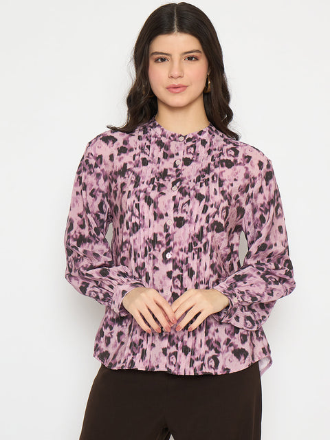 Madame Button Detailed Printed Mauve Chambray Top