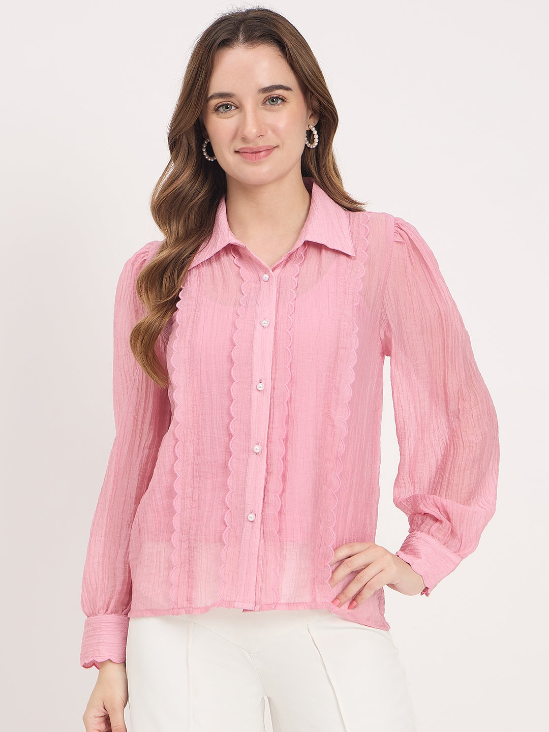 Madame Pink Lace Detail Lyocell Puff Sleeve Shirt color swatch