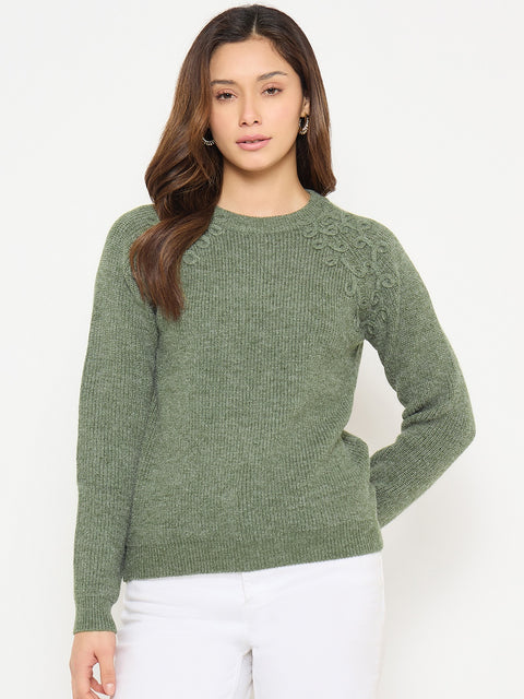 Madame Embroidered Olive Green Sweater