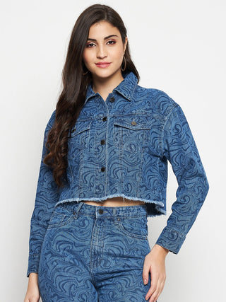 Madame Blue Printed Denim Crop Jacket