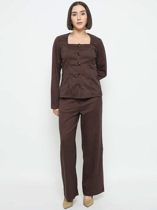 Madame Solid Button Down Brown Top