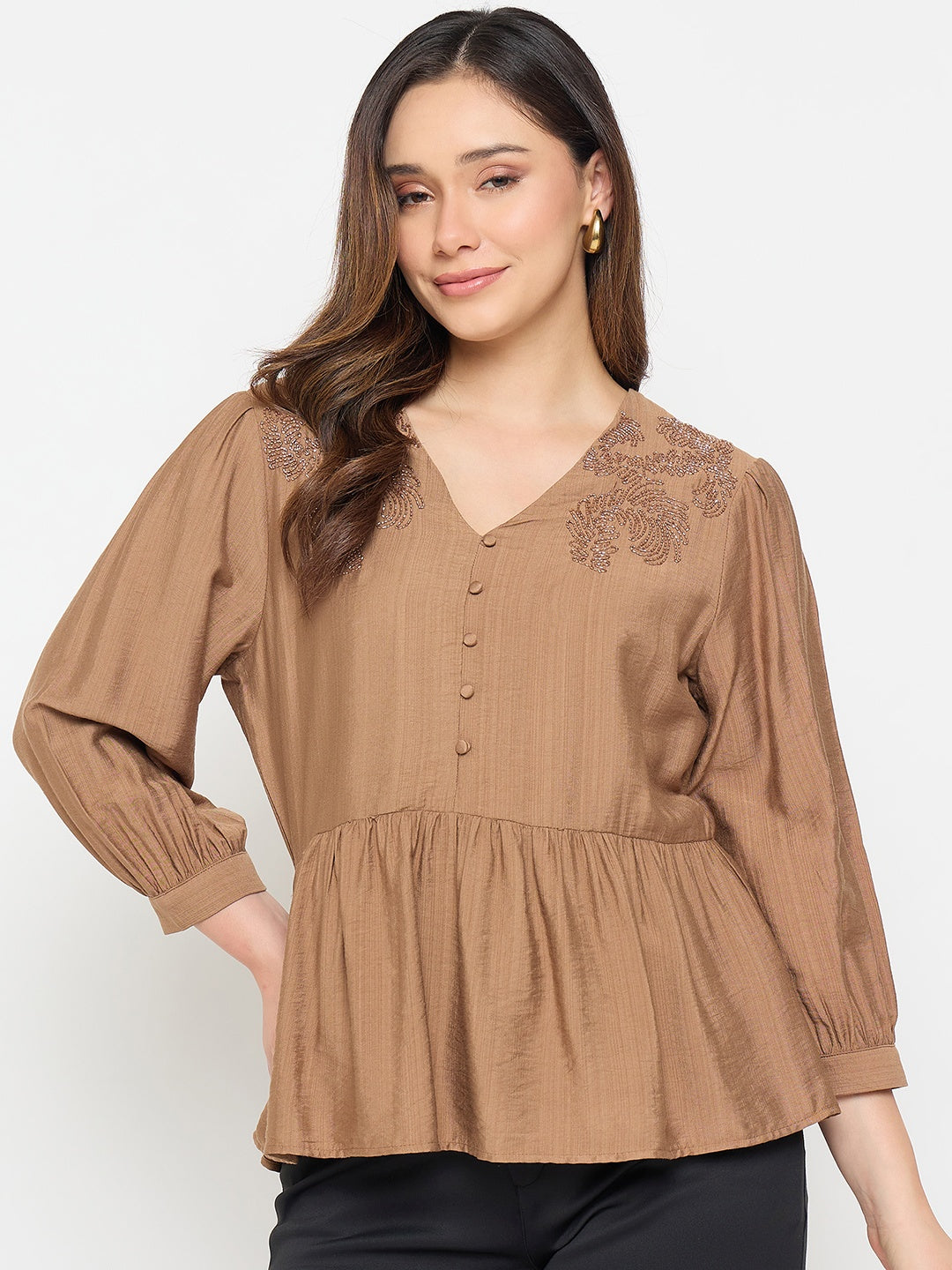 Madame Brown Embroidered Buttoned Peplum Top color swatch