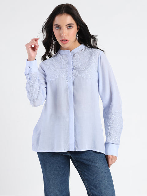 Madame Tencel Blend Embroidery Detail Blue Shirt