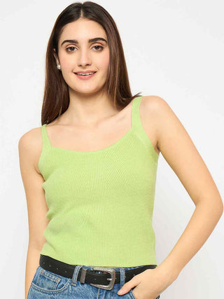 Madame Sleeveless Solid Green Ribbed Knit Sweater