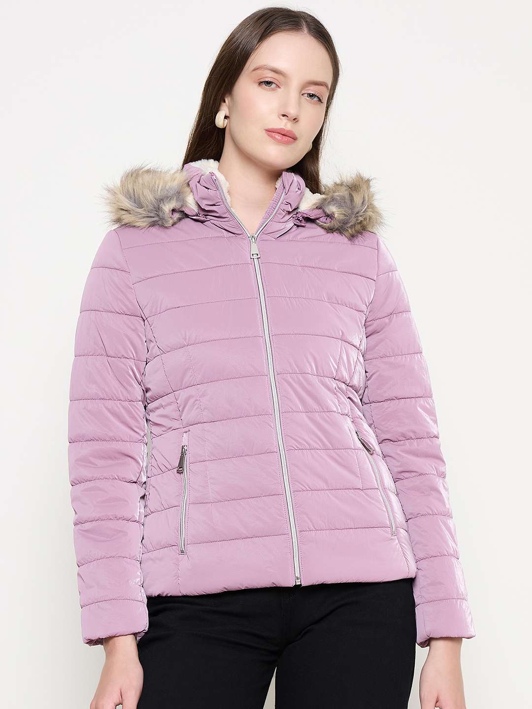 Madame Nylon Detachable Hood Quilted Mauve Short Jacket color swatch