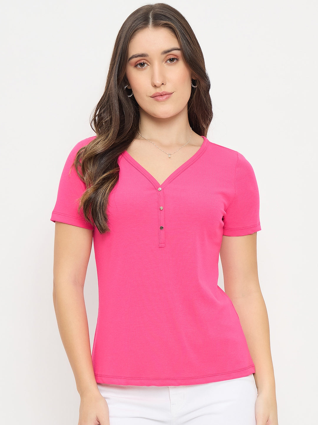 Madame Hot Pink V-Neck T-Shirt with Button Placket color swatch