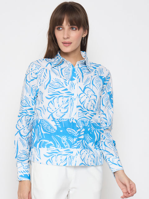 Madame Botanical Print Button Up Front Aqua Blue Shirt