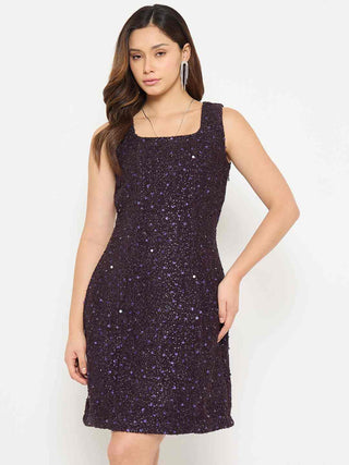 Madame Square Neck Shimmery Purple Sheath Dress
