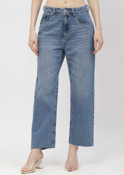 Madame Washed Mid Blue Distressed Hem Jeans