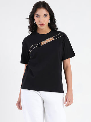 Madame Embellished Cutwork Detail Black Cotton T-shirt