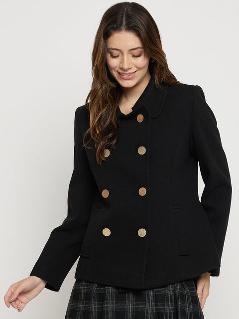 Madame Black Collared Full Sleeve Short Coat