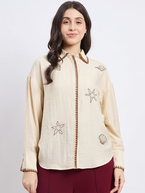 Madame Beige Rayon Linen Blend Shirt
