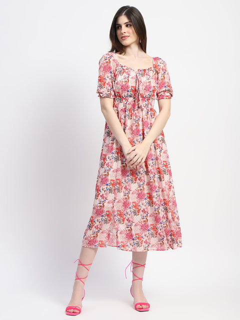 Madame Floral Print Cinch Waist Pink Midi Dress