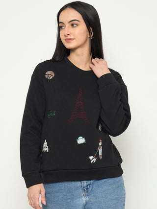 Madame Printed Black Sweatshirt with Crew Neckline