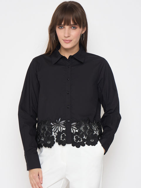 Madame Floral Lace Scalloped Hem Black Shirt