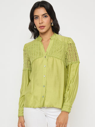 Madame Lace Detailed Pleated Front Green Top