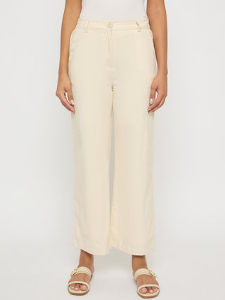Madame Solid Wide Leg Off White Rayon Blend Trousers