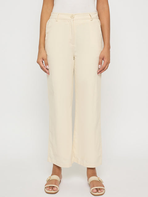 Madame Solid Wide Leg Off White Rayon Blend Trousers