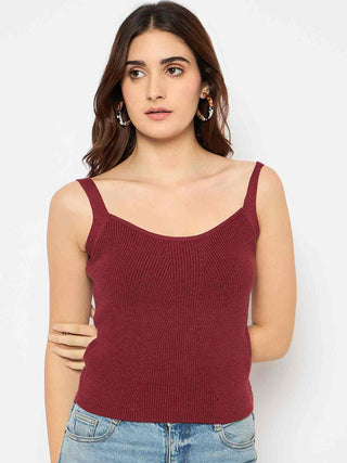 Madame Sleeveless Solid Red Ribbed Knit Sweater