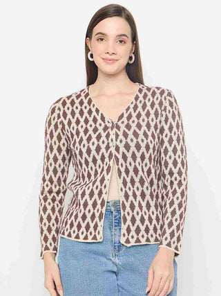 Madame Geometric Print Button Up Brown Cardigan