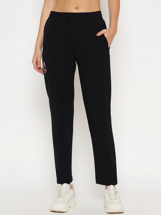 mSECRET Typography Adorned Cotton Blend Black Track Bottoms