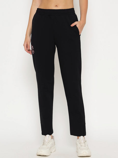 mSECRET Typography Adorned Cotton Blend Black Track Bottoms
