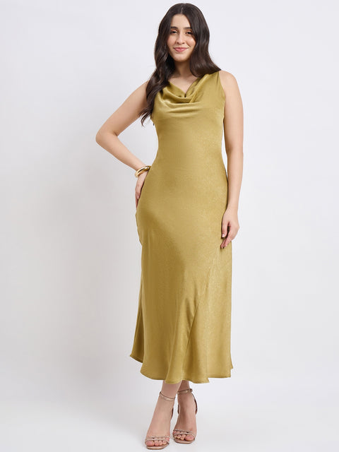 Madame Textured Cowl Neck Green Drape Dress