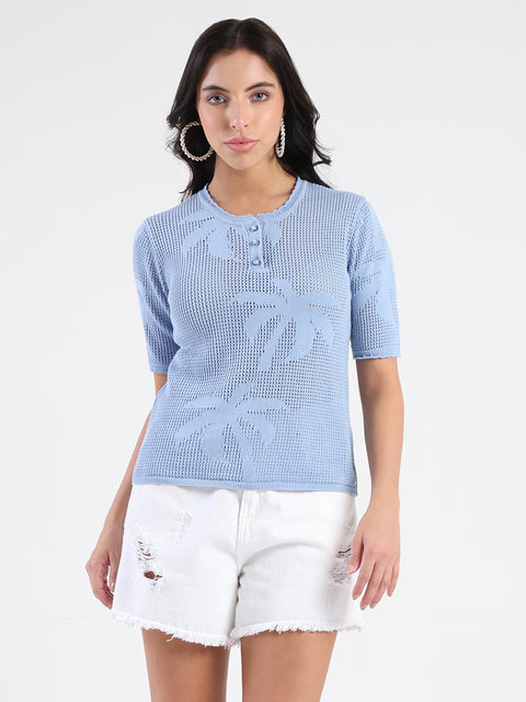Madame Semi Sheer Botanical Pattern Sky Blue Knit Top