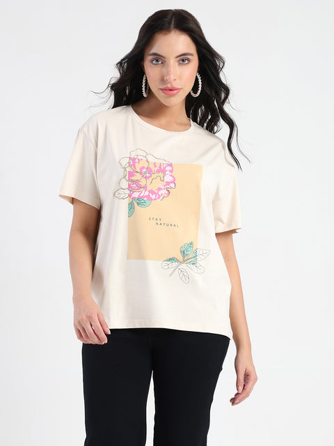 Madame Graphic Print Beige Cotton Blend T-shirt