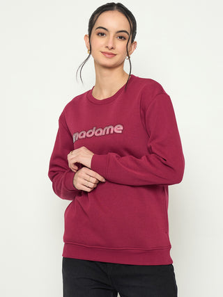Madame Crew Neck Printed Wine Red Sweatshirt