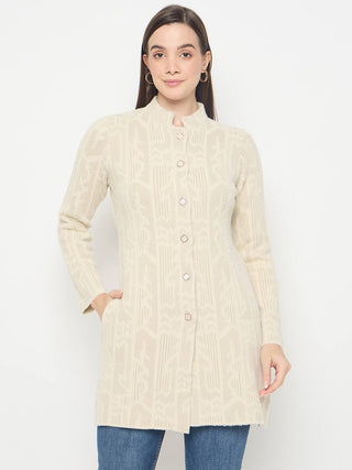 Madame Abstract Print Long Beige Cardigan