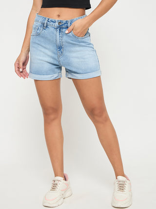 Madame Rolled Hem Light Blue Cotton Blend Denim Shorts