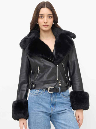 Madame Faux Fur Notch Lapel Collar Black PU Leather Jacket