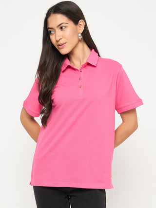 Madame Cotton Blend Solid Pink Polo T-shirt