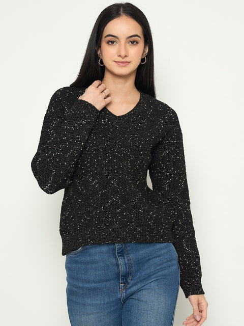 Madame Embellished Black Round Neck Sweater