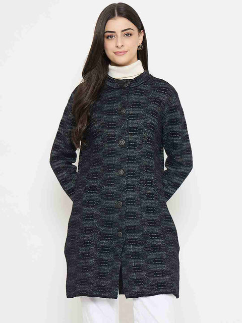 Madame Self Design Black Cardigan worn by a model, featuring a cozy texture and button details.